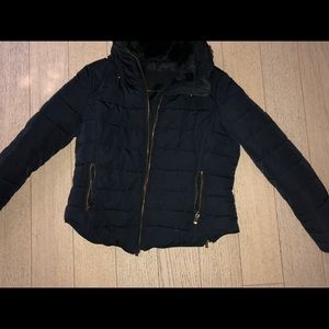 Warm down coat with fur inside collar